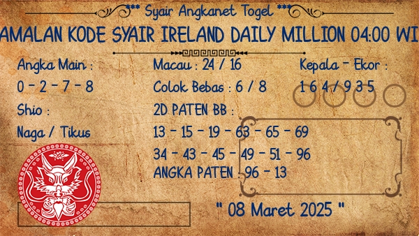 Prediksi Ireland Daily Million 04:00 WIB
